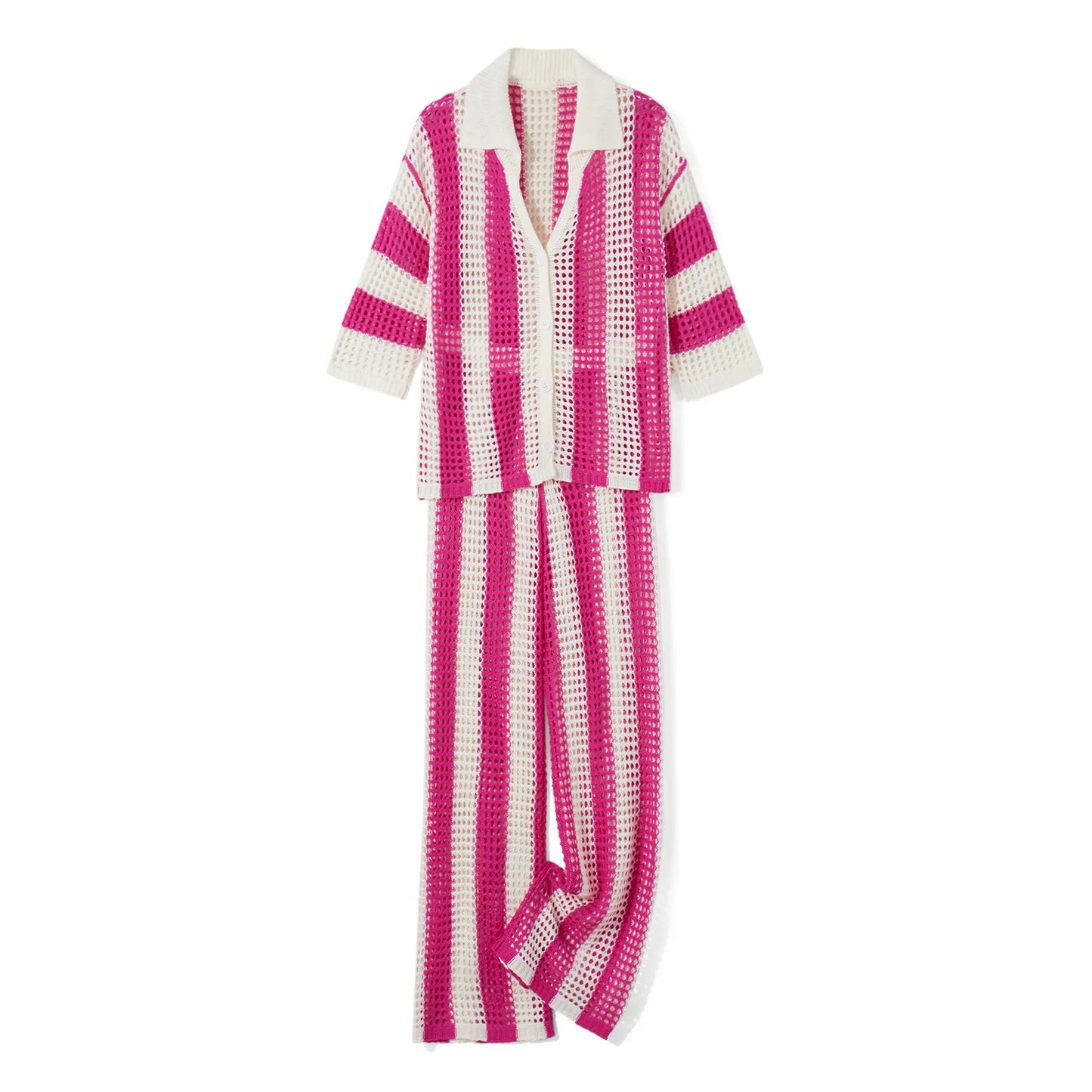 Women With Summer V-neck Button Top & Wide Leg Pants Suits Spring Crochet Hollow Knitted Set Woman 2 Pieces Striped Print