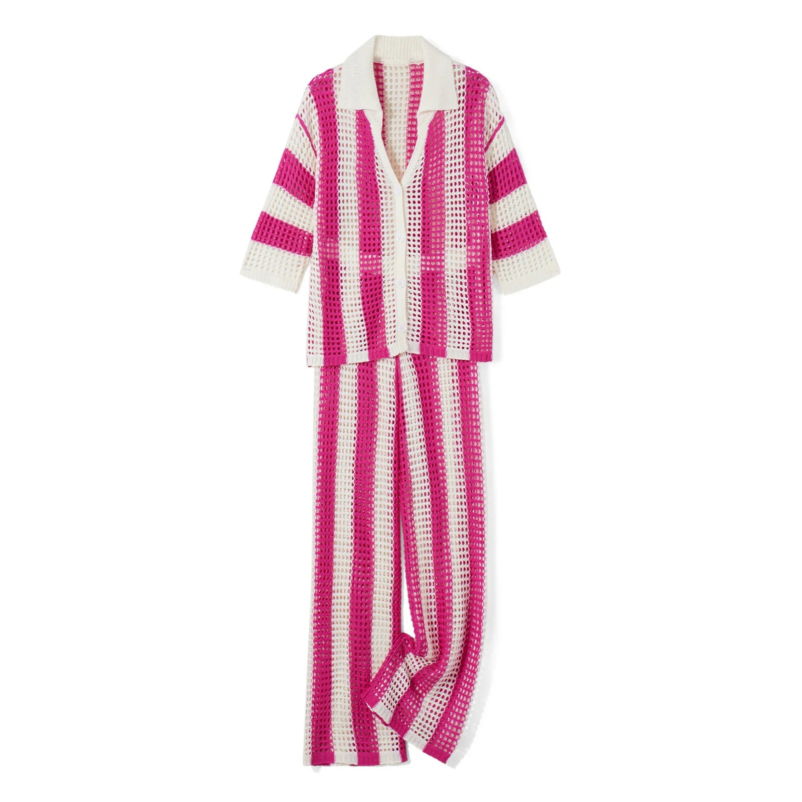 Women With Summer V-neck Button Top & Wide Leg Pants Suits Spring Crochet Hollow Knitted Set Woman 2 Pieces Striped Print