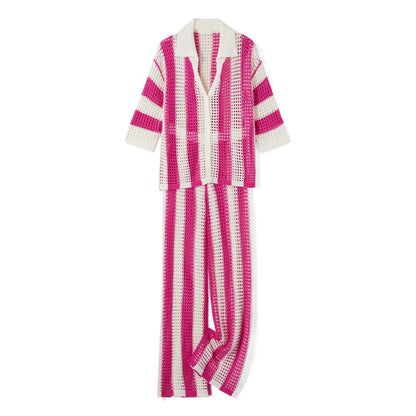 Women With Summer V-neck Button Top & Wide Leg Pants Suits Spring Crochet Hollow Knitted Set Woman 2 Pieces Striped Print