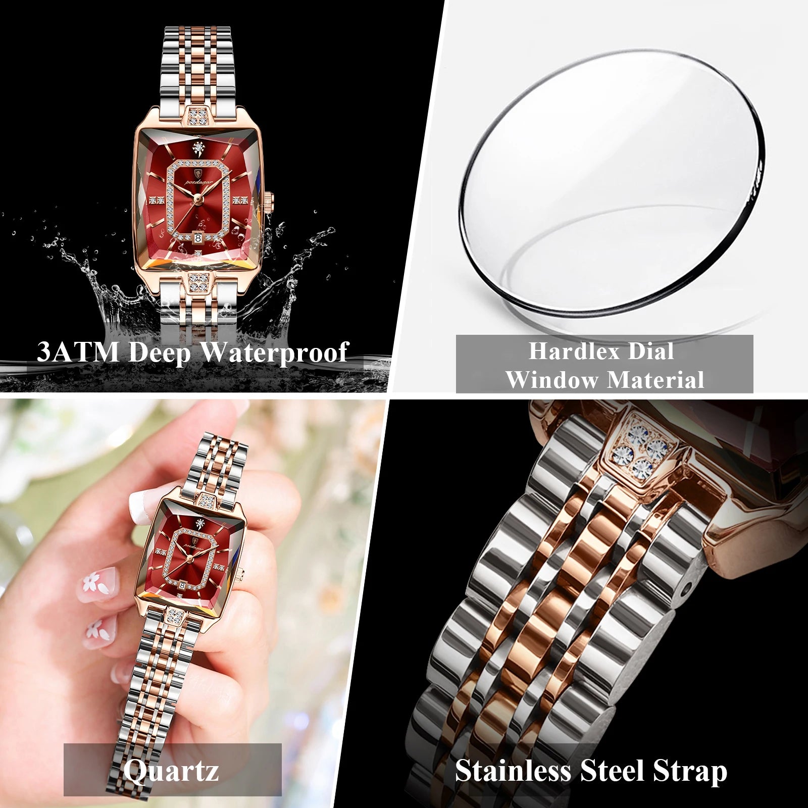POEDAGAR Luxury Watch For Woman Elegant Waterproof Calendar Ladies Watch Rectangle Stainless Steel Quartz Women's Watches Female