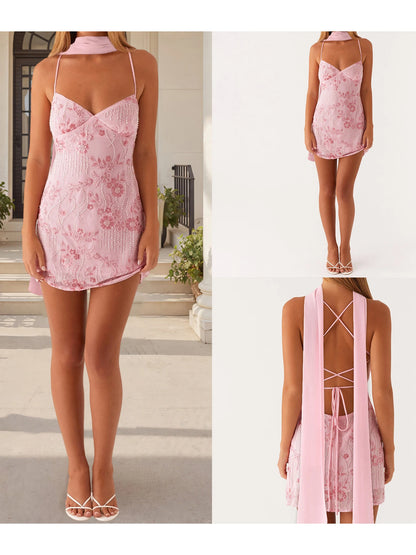 Elegant Women s Sleeveless Bodycon Dress with Spaghetti Straps and V Neckline Perfect for a Night Out with Matching Scarf