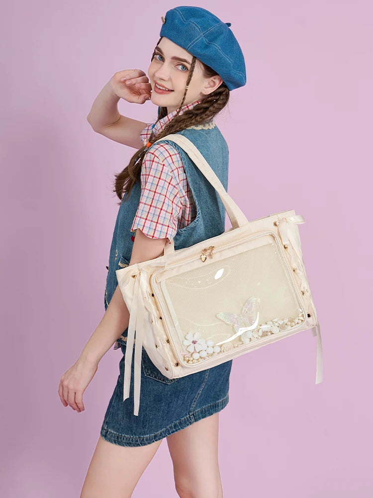 Japanese Large Capacity Satin Ribbon Ita Bag Sweet Girl Anime Transparent Tote Bag Lolita Shoulder Bags Clear Pvc Handbags
