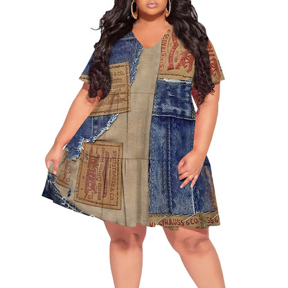 Denim Patchwork Lace-up V-neck Short Sleeve Dress - Women's Vintage Rugged Casual Party Festival Summer White-2 CHINA