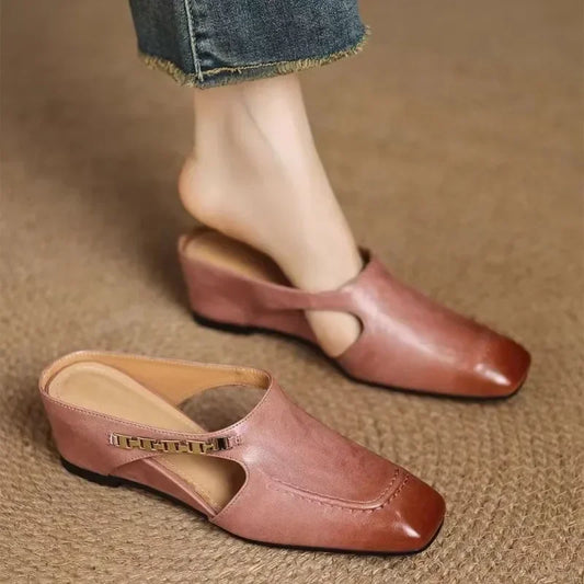 2025 New Retro Style Baotou Women's Sandals Half Slippers Square Toe Inside Heightening Pink