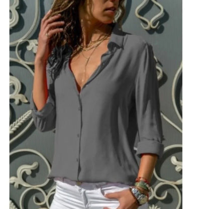 Women Elegant Solid Chiffon Blouse Spring Summer Casual Long Sleeve V Neck Loose Shirt Office Lady Tunics Oversized Tops 2023 GRAY