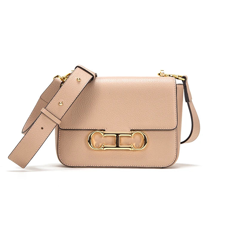 CHCH Women's Saddle Bag 2024 Autumn/Winter New Black Cow Leather Flip Small Square Bag Simple Commuter Diagonal Cross Bag Apricot