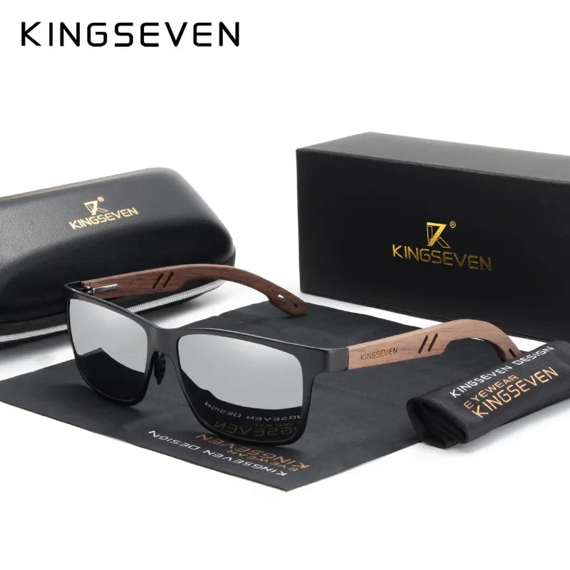 KINGSEVEN Vintage Polarized Men Wooden Sunglasses Wood UV400 Protection Fashion Square Sun Glasses Women Gafas De sol Silvery Leather