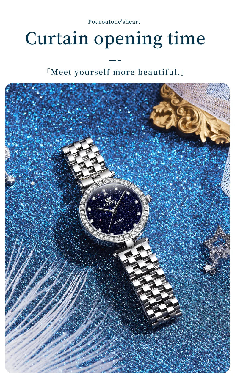 OLEVS 3641 Women Watch Elegant Quartz Watch Starry Dial Waterproof Luminous Diamond Bezel Ladies Watch Bracelet Set Ladies' Gift