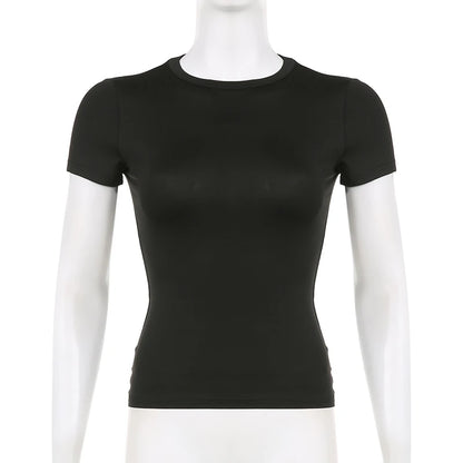 Basic Solid Crop Top Short Sleeve Crewneck Skinny T-shirt Summer Casual Tee for Women Y2K Vintage Top Harajuku Streetwear
