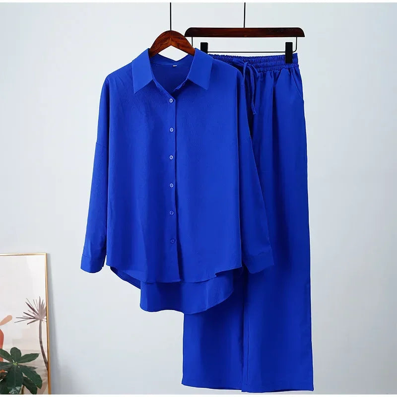Holiday Wide Leg Pants Set Two Piece Set Women Vintage Boho Maxi Shirt Autumn Casual Loose Work Streetwear Y2k 2025 Outfits Blue