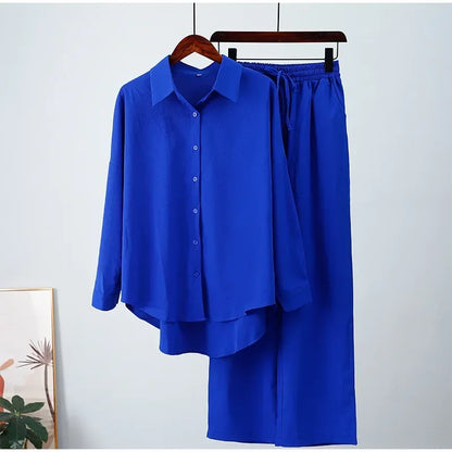 Holiday Wide Leg Pants Set Two Piece Set Women Vintage Boho Maxi Shirt Autumn Casual Loose Work Streetwear Y2k 2025 Outfits Blue