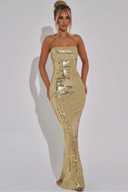Sexy Sequin Backless Bandage Long Dress Women's Shiny Sleeveless Luxury Silver Dresses Evening Prom Party Birthday Gold Cocktail Gold