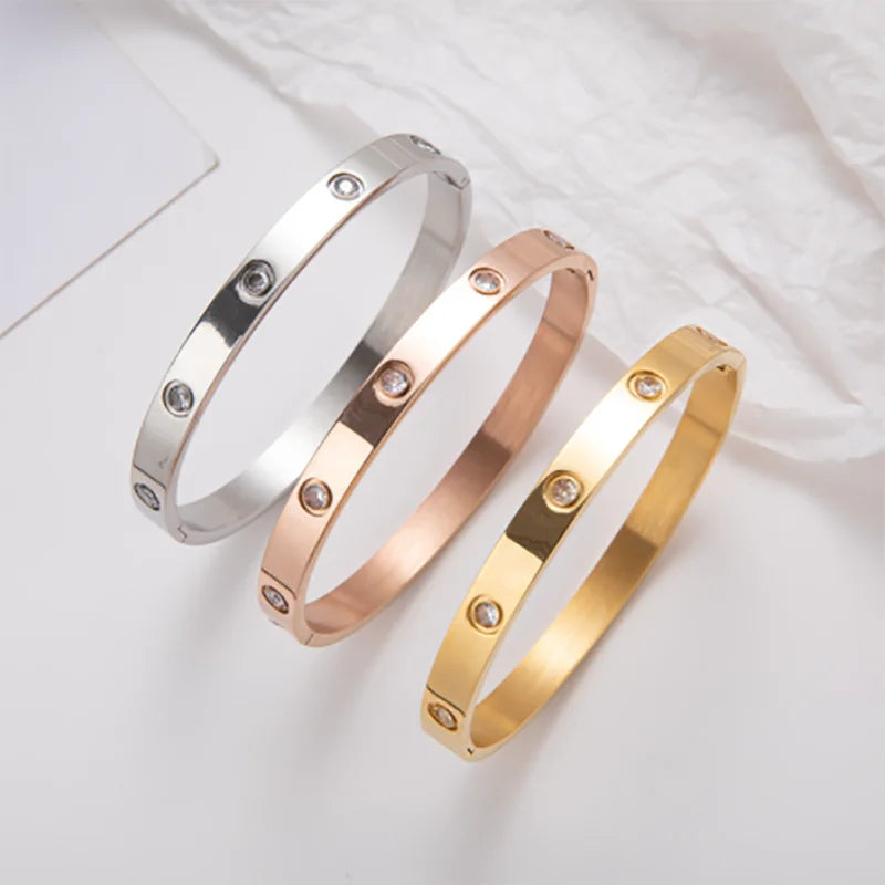 Stainless Steel Bracelets On Hand 6mm 4mm Bangles For Women Jewelry Lady Girl Women's Fashion Rhinestone Titanium Designer Gifts