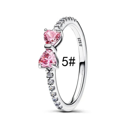 Fine Jewelry Pink Shining Bow Set Ring Earrings Bracelet Necklace Zircon Original 925 Sterling Silver DIY Women DIY Birthdy Gift AMC013003-5