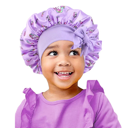 New Kids Unicorn Satin Bonnet Wide Elastic Band Ribbon Sleeping Cap Curly Natural Hair Child Night Caps Shower Cap Headscarf Badiee Stylez