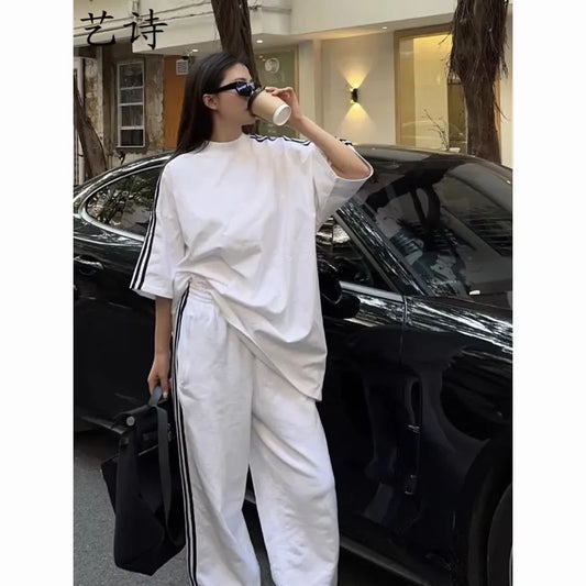 American Street-bombing Leisure Sportswear Suit Female Summer Student Loose Versatile Short-sleeved Trousers Two-piece Suit Tide