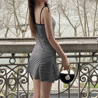 Summer Girls Sweet Red Plaid Slip Dress Lady Korean Designer Bowknots Slim Fit Skirts Female Beach Vacation A-line Short Dress