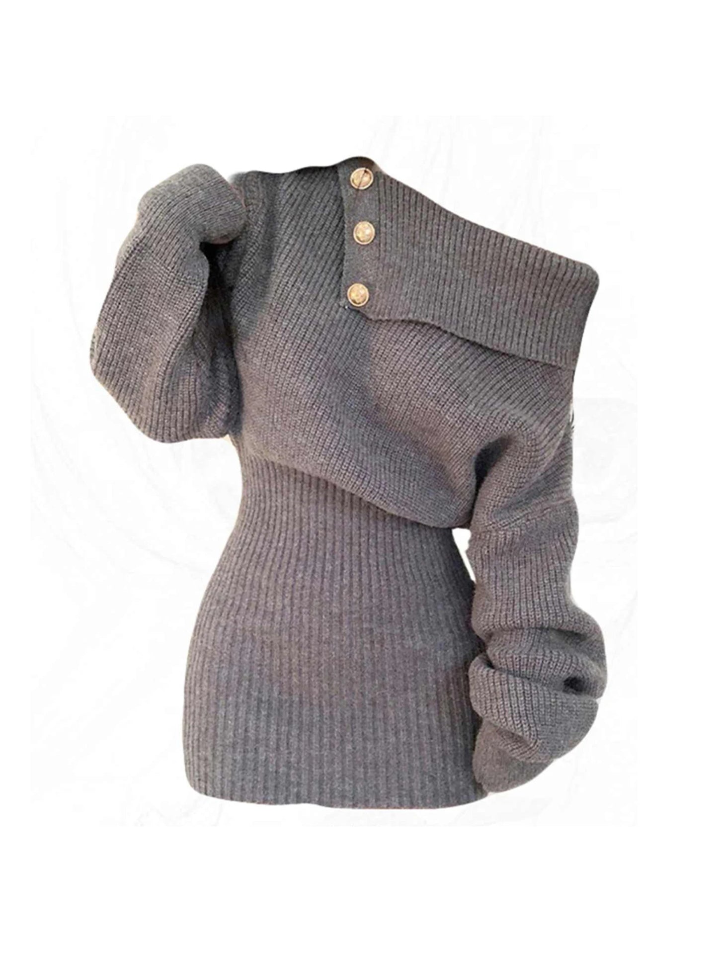 Women's Grey Long Sleeve Bodycon Mini Dress Vintage Slash Neck Knitted Dress Y2k Birthday Party One Piece Frocks Clothes Autumn