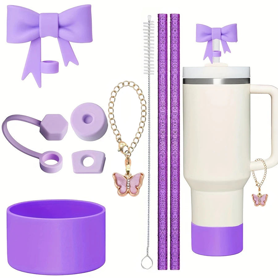 9pcs Accessories for Stanley 40oz Tumbler Cup Spill Proof Stopper 10mm Straw Cover Cap Silicone Boot Charm Chain Straw and Brush Badiee Stylez