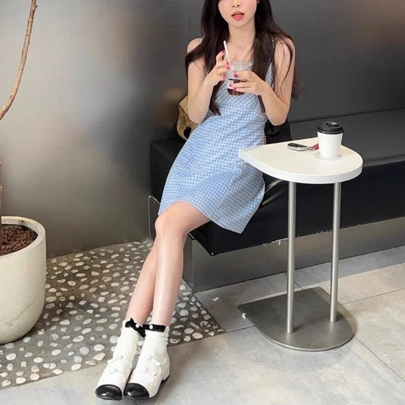 Summer Girls Sweet Red Plaid Slip Dress Lady Korean Designer Bowknots Slim Fit Skirts Female Beach Vacation A-line Short Dress