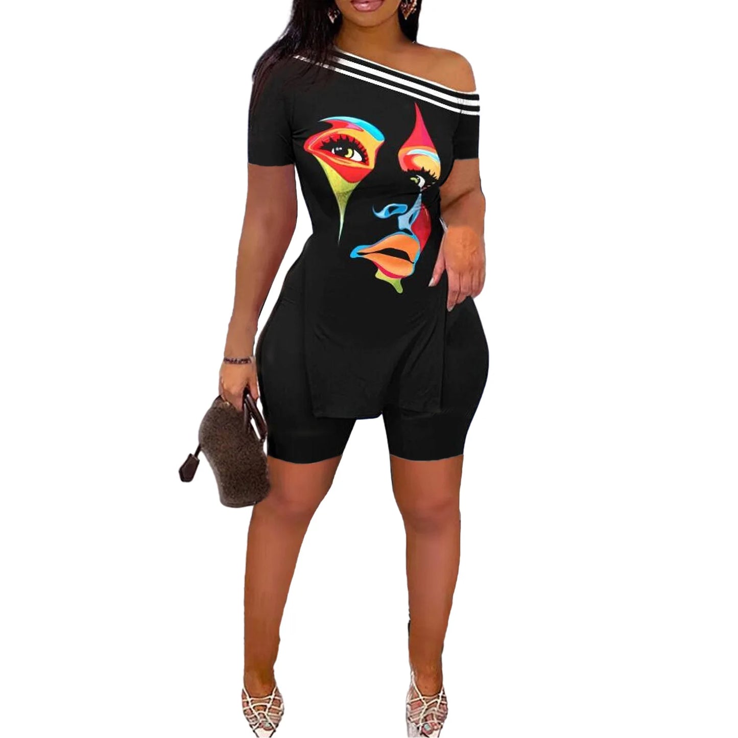 Print Two Piece Shorts Sets Women Skew Collar Short Sleeve Shirts Side Split Tops Pullover Elastic Waist Trousers Summer 2025 5