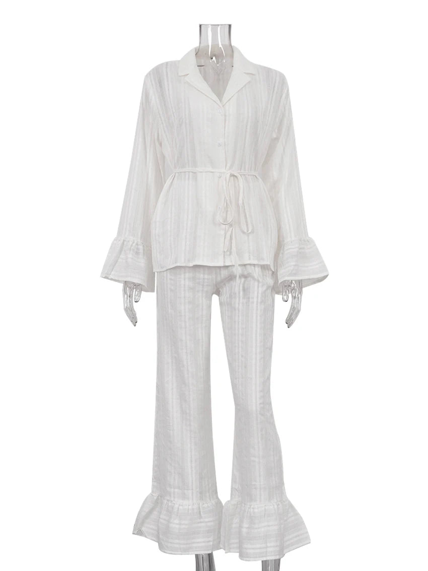 Marthaqiqiq Casual Women Nightgown 2 Piece Suit Long Sleeve Nightwear Turn-Down Collar Sleepwear Pants Loose Home Clothes Ladies