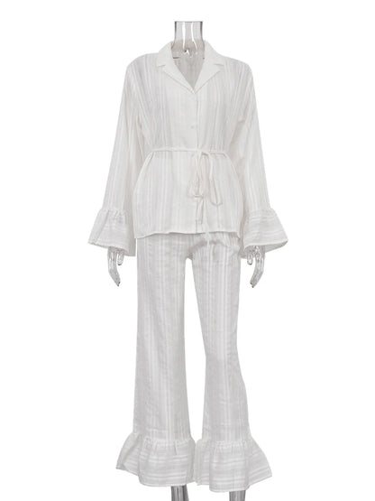 Marthaqiqiq Casual Women Nightgown 2 Piece Suit Long Sleeve Nightwear Turn-Down Collar Sleepwear Pants Loose Home Clothes Ladies