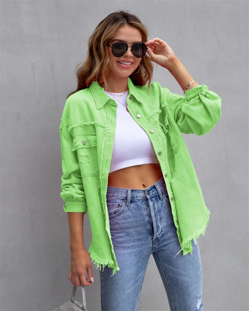 2025 Spring Autumn Shirt Style Denim Jacket Women Holes Raw-edges Jeancoat Casual Tops Female Oversize Loose Outerwear 7 Colors Light green
