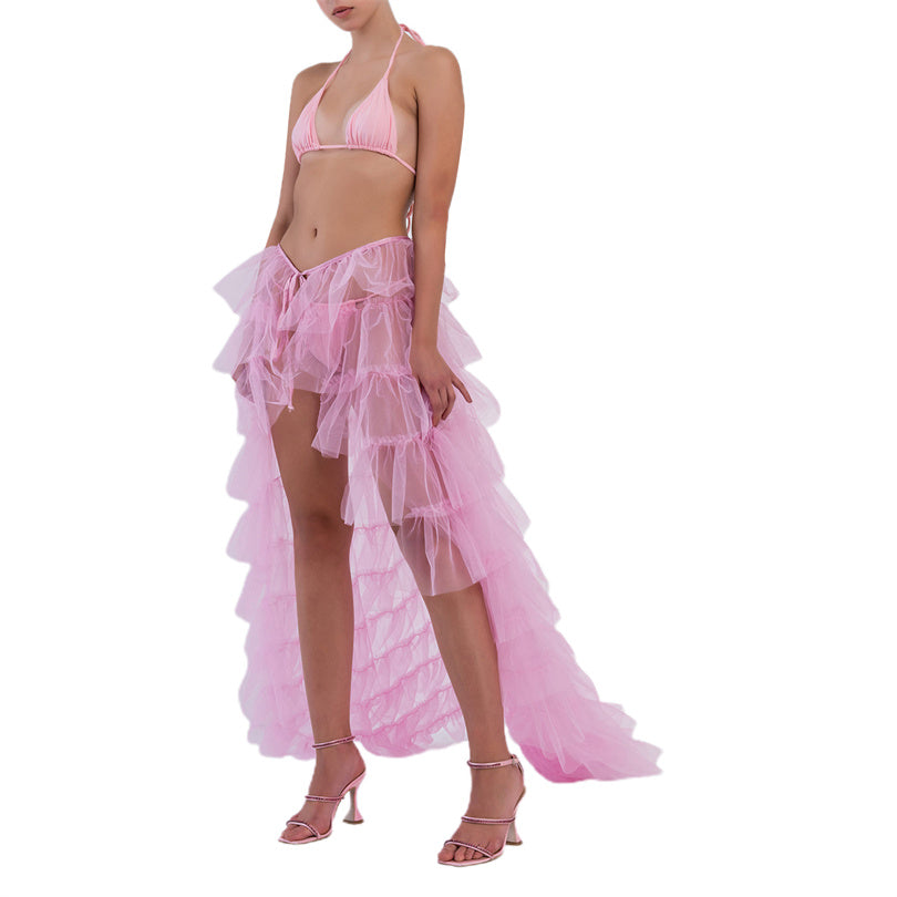 Puloru Tied-Up Mesh Tulle Long Skirts Elegant Party Wedding Wear for Women Solid Color Irregular Floor-Length Layered Skirts