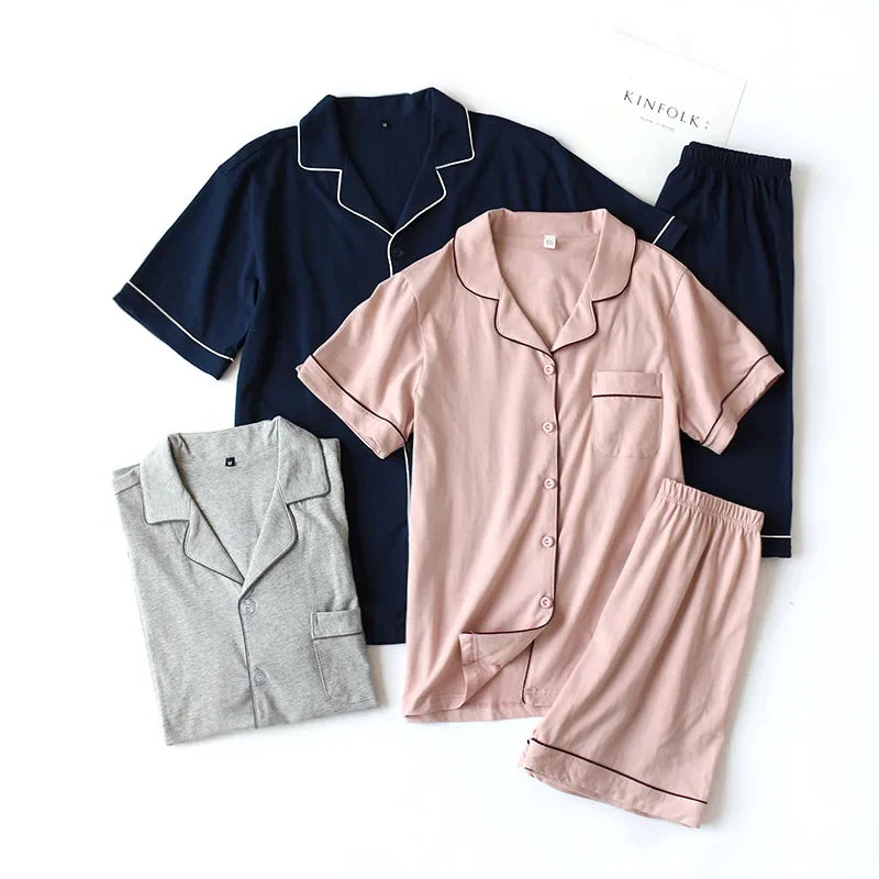 Summer 2025 new cotton couple pajamas suit female short-sleeved shorts men's pajamas thin home service suit pyjamas women pink