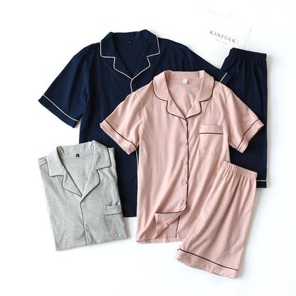 Summer 2025 new cotton couple pajamas suit female short-sleeved shorts men's pajamas thin home service suit pyjamas women pink
