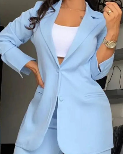 Two Piece Set Women Outfit Autumn Fashion Collar Long Sleeve Blazer Coat & Elegant Pocket Design Work Pants Set