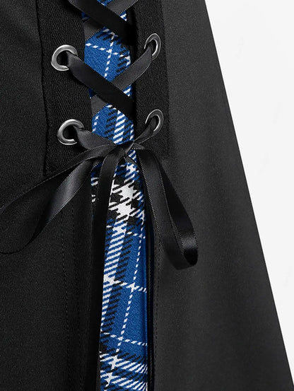 ROSEGAL Plus Size Women's Gothic Skirt Casual Plain Chain Detail High Waisted Stitching Plaid Pleated Layered Lace Up Skirts 5XL