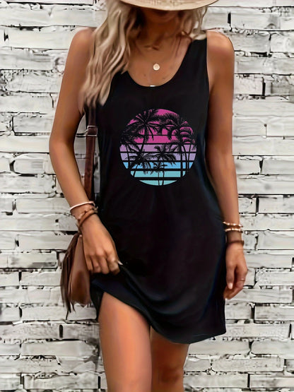 Women's Summer Sleeveless Tank Top Dress Sexy Women's summer loose sleeveless short mini dress with black print HL2127