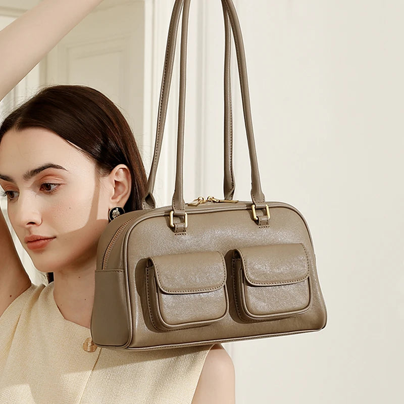 Burminsa Cowhide Genuine Leather Underarm Shoulder Bags For Women 2025 Luxury Designer Korean Bowling Tote Work Ladies Handbags