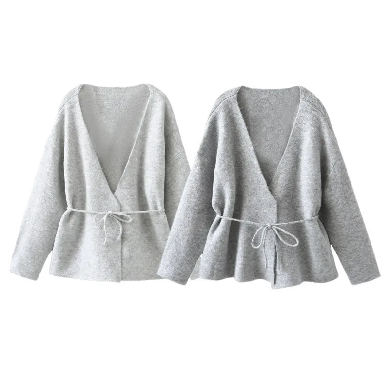 Women Solid Color Lace-up Knitted Sweater Jacket Female Cardigan with Belt Autumn and Winter Woolen Simple Cardigan Sweater