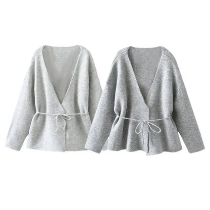 Women Solid Color Lace-up Knitted Sweater Jacket Female Cardigan with Belt Autumn and Winter Woolen Simple Cardigan Sweater