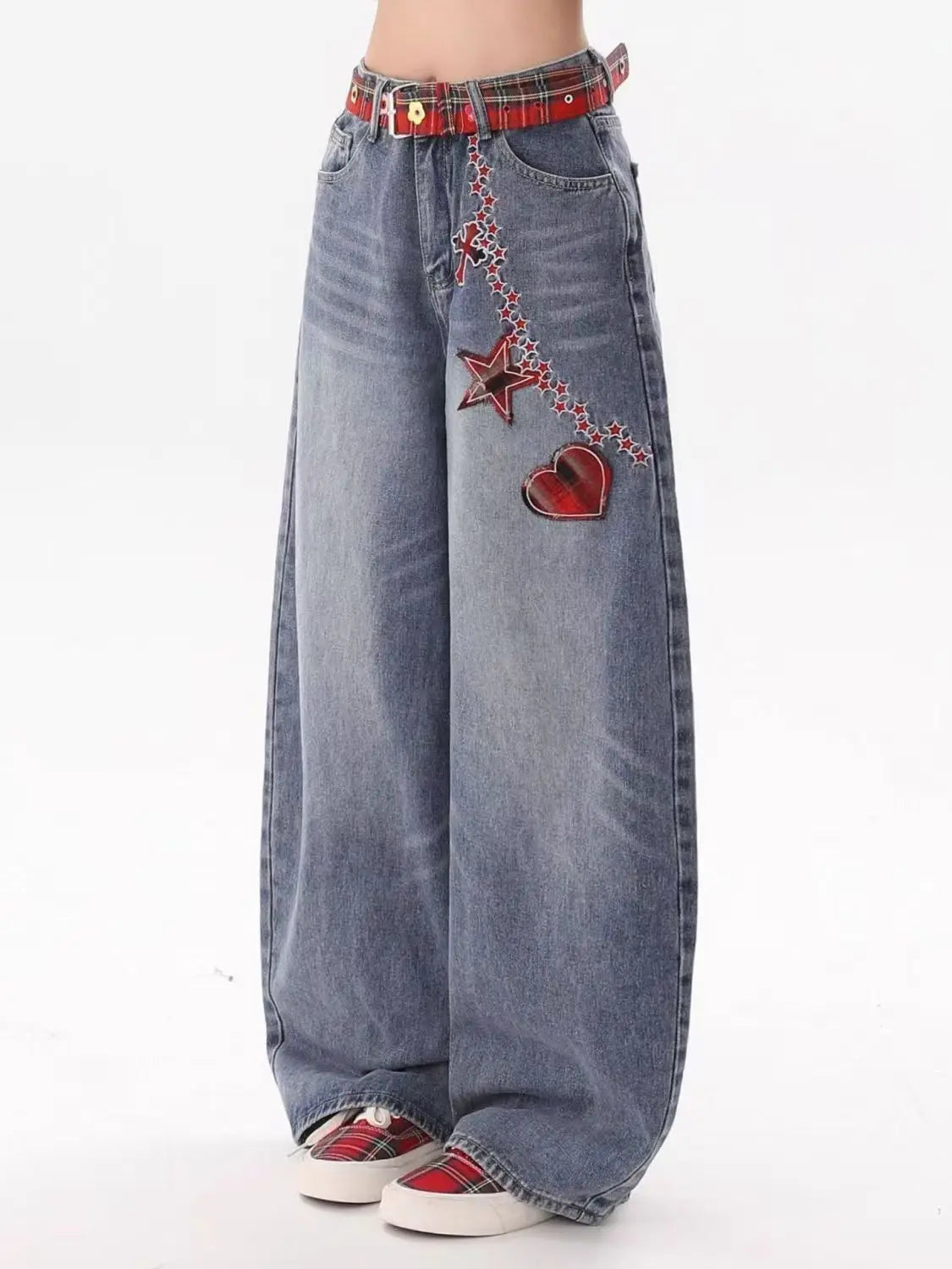 Y2K fashion retro cartoon embroidered women wide-leg jeans casual Harajuku loose pants street personality high-waisted jeans