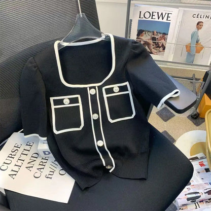 Femme Temperament All-match Patchwork Buttons Square Collar Knitting Top Tee Spring Summer Fashion Loose Short Sleeve T-Shirts black