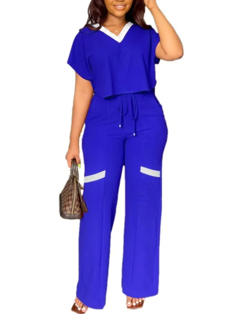 Elegant Women's Casual Short Sleeve T-shirt Sports Suit Summer Fashion Solid V Neck Short Top & Straight Pants Two Piece Sets Blue CHINA