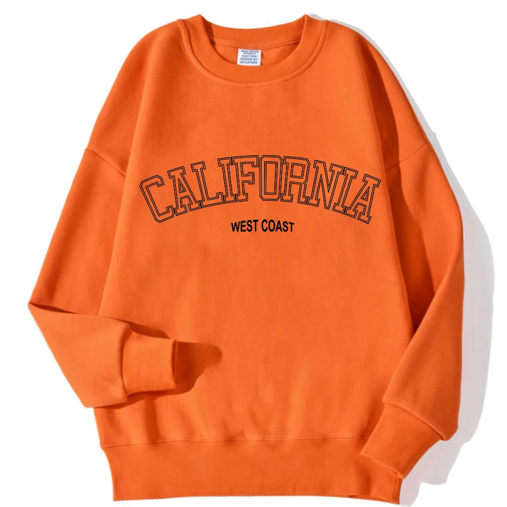 Korean Trend Woman Sweatshirts California West Coast Print Female hoodie Long Sleeves O-neck Pullovers Sporty and Rich Clothing Orange