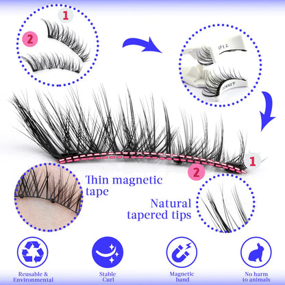 Hot Magnetic Eyelashes Set 1 Pair Reusable No Glue Needed False Eyelashes with Magnetic Tweezers Curly Faux Lashes Makeup Tool