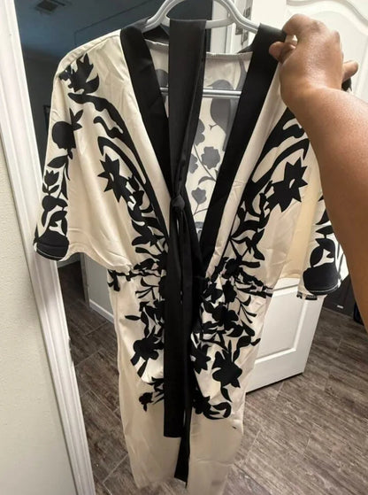 Women's elegant temperament V-neck A-line party dress 2025 new half sleeved printed lace up waist dress