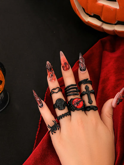 9Pcs/Set Goth Black Devil Eye Skull Spider Palm Rings for Women Vintage Cross Jesus Love Heart Rings Halloween Jewelry Gift New