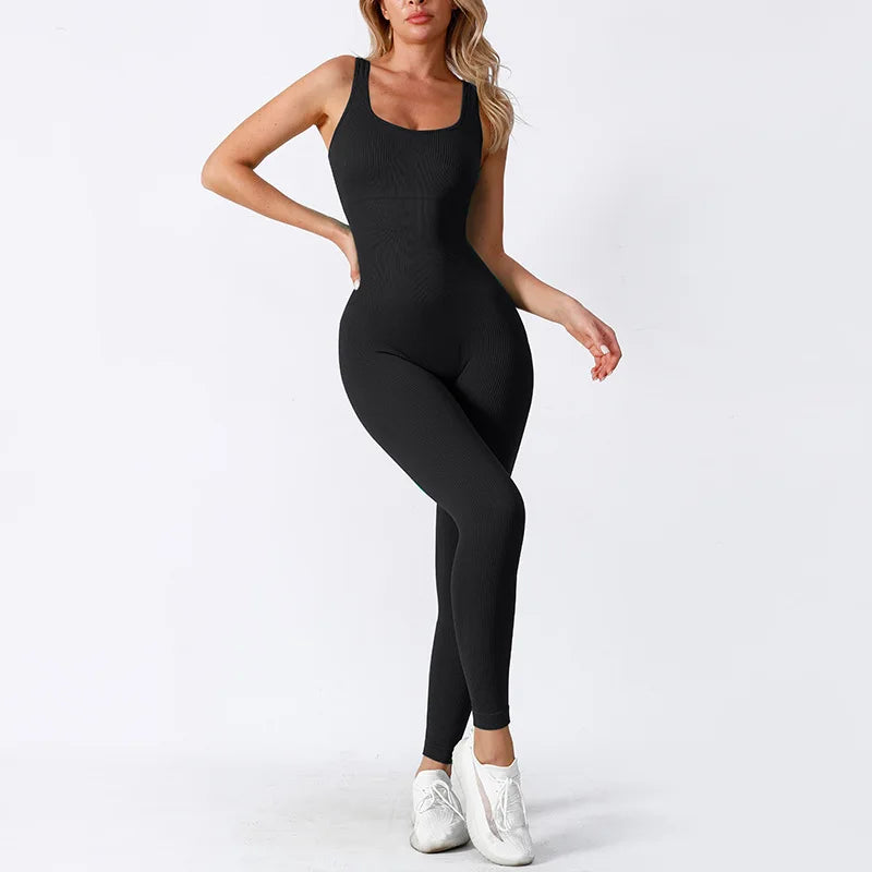 Women Workout Seamless Jumpsuit Yoga Ribbed Bodycon One Piece Square Neck Leggings Romper Badiee Stylez