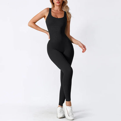 Women Workout Seamless Jumpsuit Yoga Ribbed Bodycon One Piece Square Neck Leggings Romper Badiee Stylez