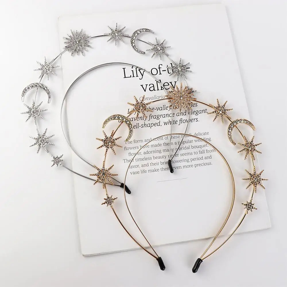 Exaggerated Metal Star Hair Hoop Silver Princess Halo Crown Bridal Hair Tiara Rhinestone Baroque Hairbands Children