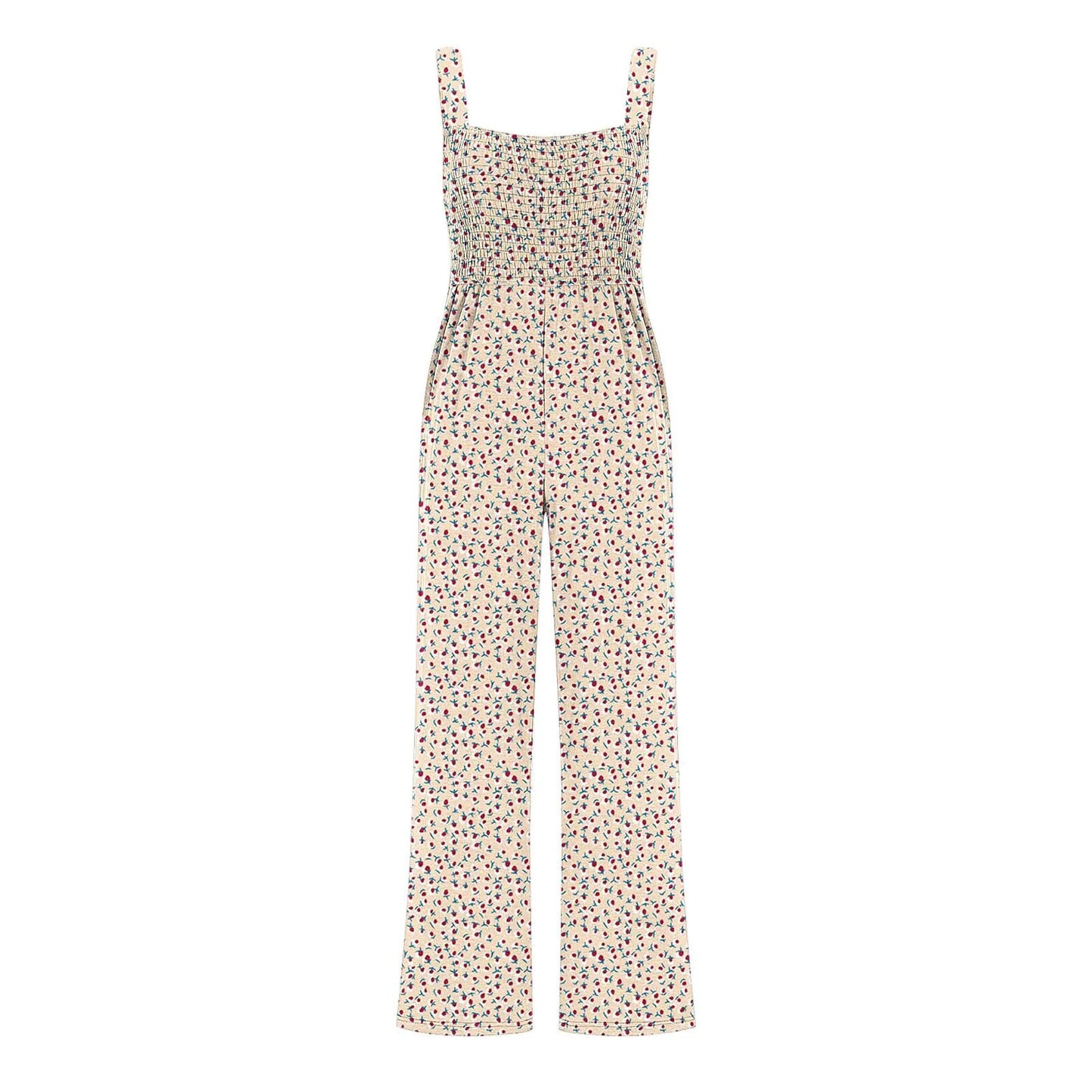 Women'S Suspender Jumpsuits Fashion Trend Pleated Shoulder Straps Printed Pocket Loose Wide Leg Jumpsuits Daily Casual All-Match