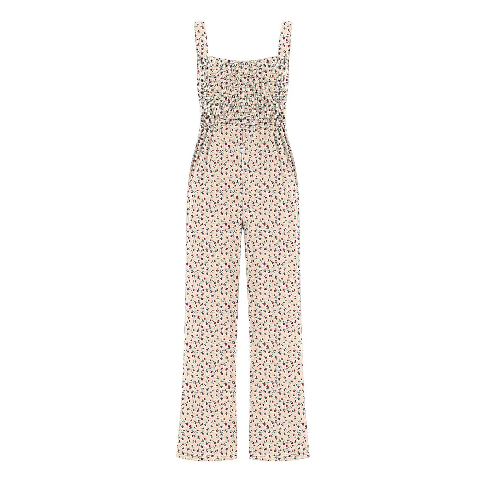 Women'S Suspender Jumpsuits Fashion Trend Pleated Shoulder Straps Printed Pocket Loose Wide Leg Jumpsuits Daily Casual All-Match