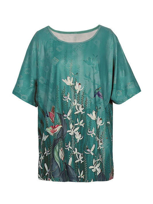 Plus Size Vintage Floral T Shirt Short Sleeve Loose Casual Female Crew Neck Summer T Shirt Ladies Tops